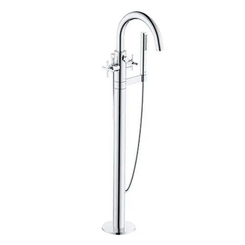 Freistehende Wannenarmatur in chrom mit einem hohen, geschwungenen Auslauf und einem Handbrauseanschluss von Kludi. Ideal für moderne Badezimmer-Designs.